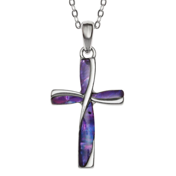 Purple Paua Shell Cross Necklace - 30mm High with an 18 Inch length trace chain