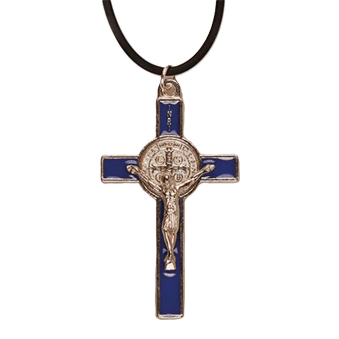 St Benedict Crucifix - Blue Enamel 2 Inches / 5cm High With Adjustable Neck Cord