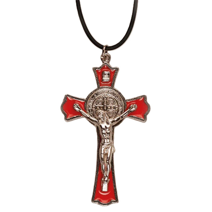 St Benedict Crucifix Trefoil Design - Red Enamel 3 Inches / 7.5cm High With Adjustable Neck Cord