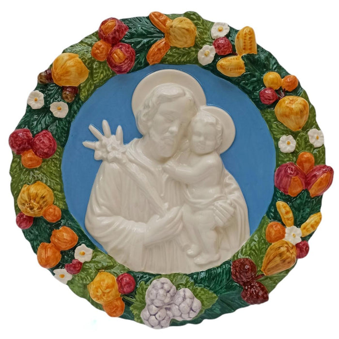 St. Joseph and Child - Della Robbia Ceramic Plaque 38cm / 15 Inches Diameter