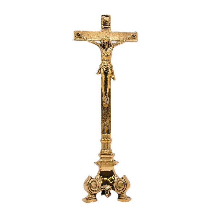 Standing Altar Crucifix - Solid Brass With Tripod Design Base, 17.5 Inches / 44cm High