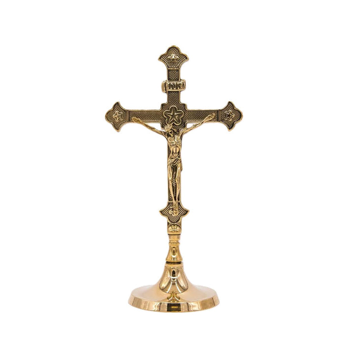 Standing Crucifix - Solid Brass With Round Base, 29cm / 11.5 Inches High