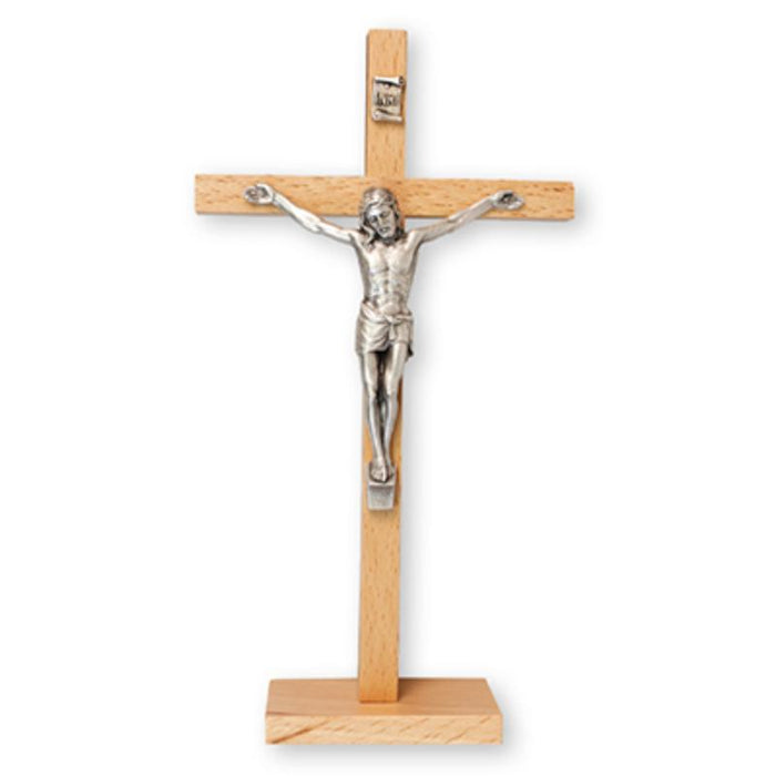 Standing Crucifix - Wooden Cross With Metal Figure, 17cm / 6.75 Inches High