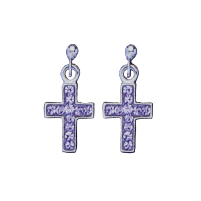 Sterling Silver Lilac Coloured Crystal Cross Drop Earrings 16mm In Length