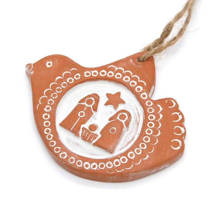 Terracotta Holy Family Nativity Scene - Christmas Tree Decoration, Dove Design 10cm Wide