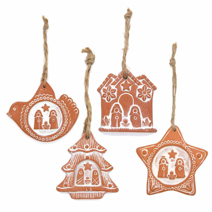 Terracotta Holy Family Nativity Scene - Christmas Tree Decoration, Dove Design 10cm Wide