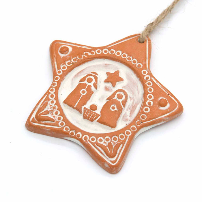 Terracotta Holy Family Nativity Scene - Christmas Tree Decoration, Star Design 9cm High