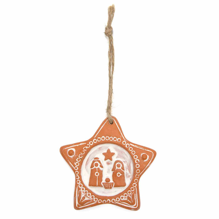 Terracotta Holy Family Nativity Scene - Christmas Tree Decoration, Star Design 9cm High