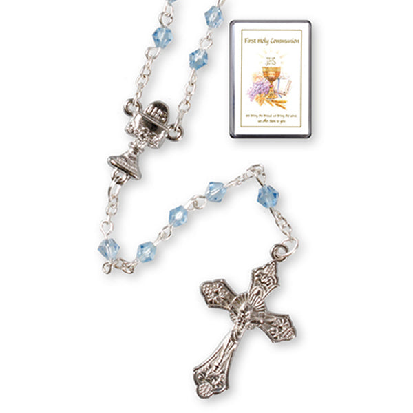 First Holy Communion Rosary, 5mm Blue Glass Beads In A Clear ...