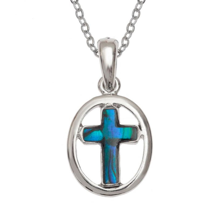 Inlaid Blue Paua Shell Circled Cross Pendant, 18mm In Length with an adjustable 18 to 20 Inch length chain