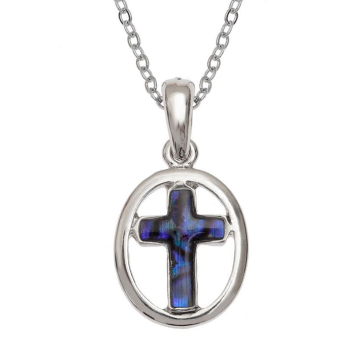 Inlaid Purple Paua Shell Circled Cross Pendant, 18mm In Length with an adjustable 18 to 20 Inch length chain