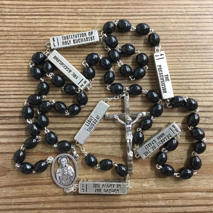 Black Wooden Rosary With the Mysteries of the Rosary