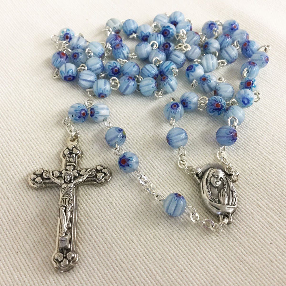 Handmade selling Blue Glow in the Dark Glass Bead Catholic Rosary with Indulgenced Pardon Crucifix & Marian Center Medal